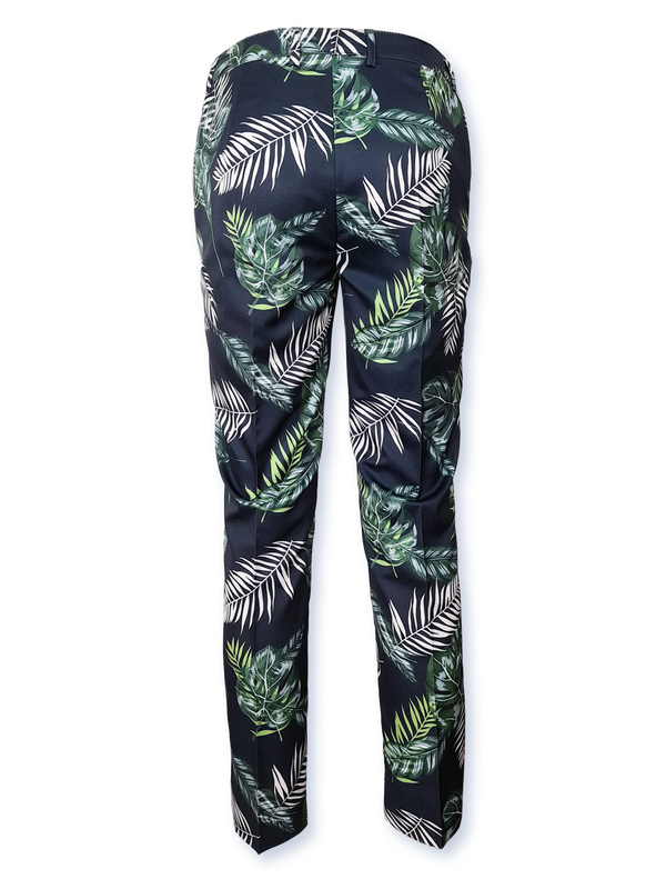 Pantaloni femei imprimați bleumarin cu frunze grafice