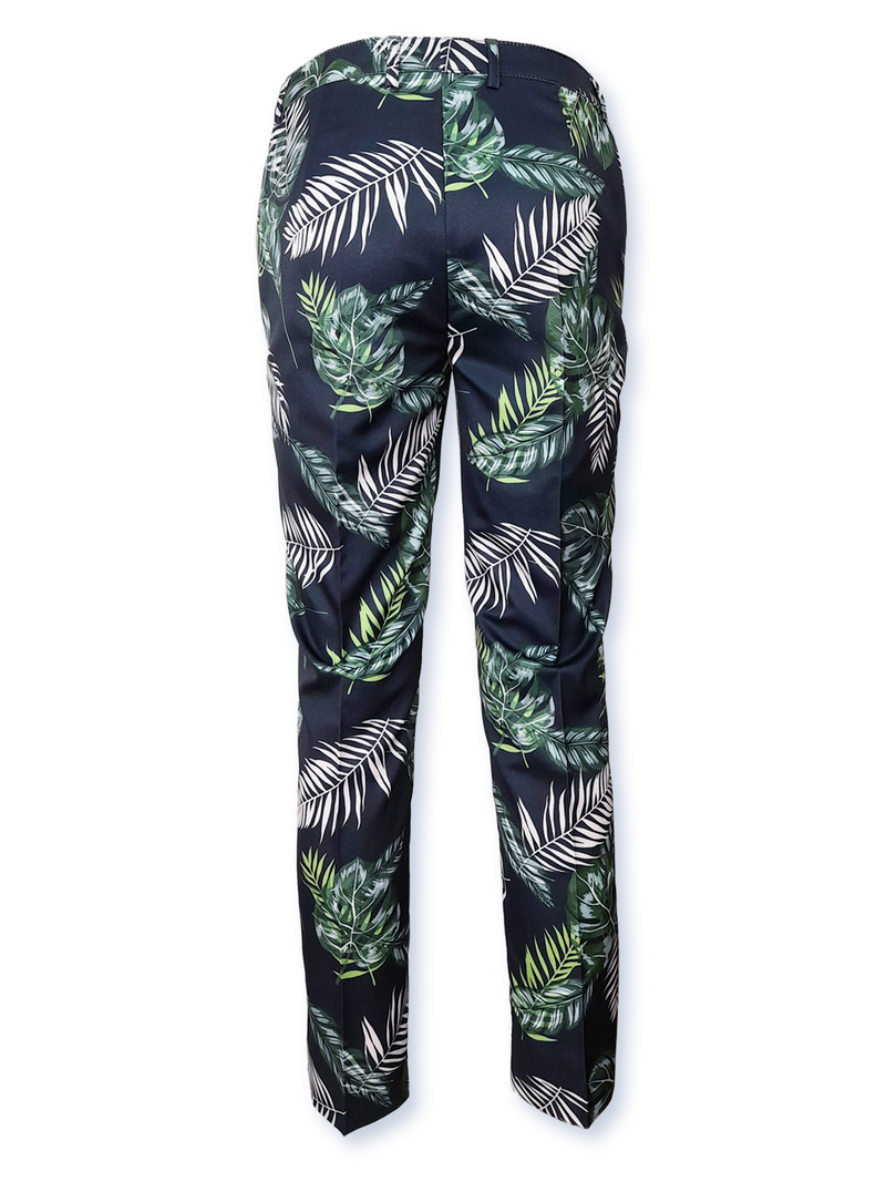 Pantaloni femei imprimați bleumarin cu frunze grafice
