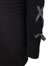 Pulover femei lejer negru cu striații și bandă ornament la mânecă