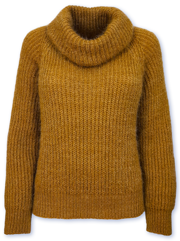 Pulover femei senape cu guler înalt și aspect striat