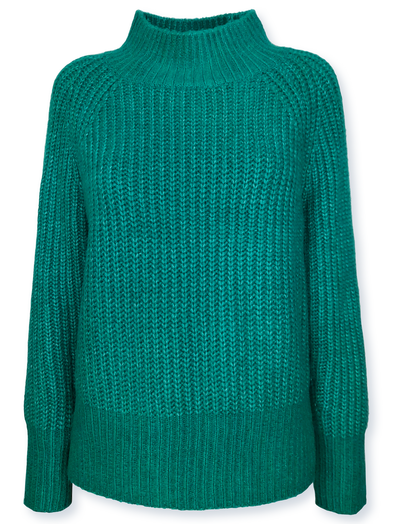 Pulover femei tricotat verde- turcoaz cu maneci raglan