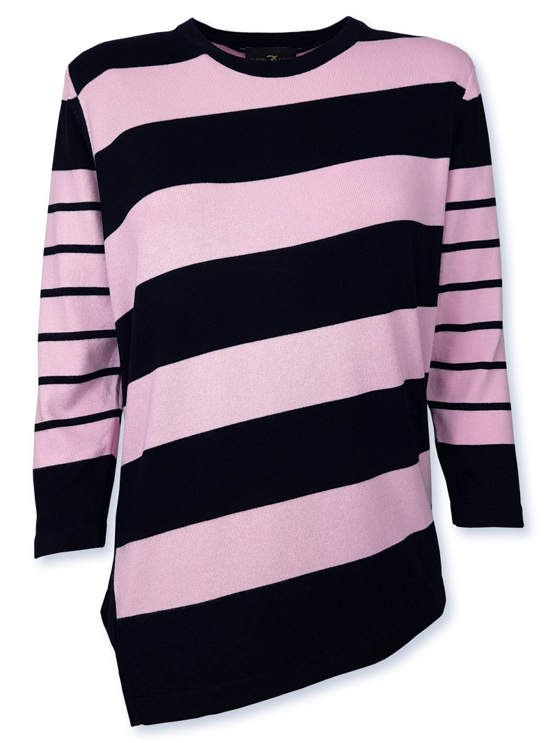 Pulover femei tricotat fin bleumarin cu dungi roz, asimetric