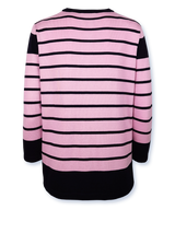 Pulover femei tricotat fin bleumarin cu dungi roz, asimetric