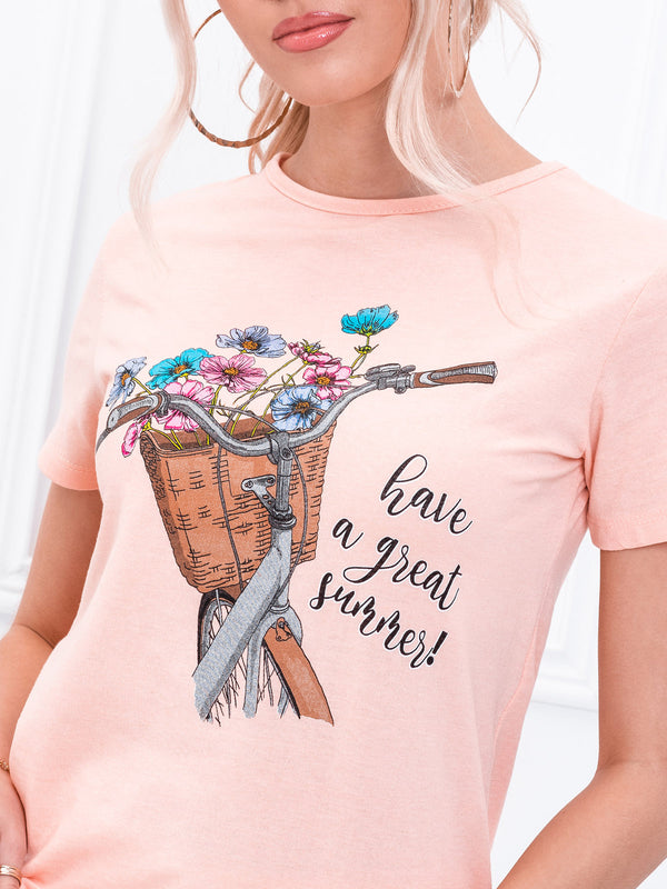 Tricou damă bumbac cu print Summer- Piersică