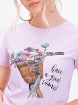 Tricou damă bumbac cu print Summer- Roz
