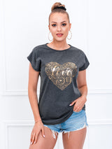 Tricou damă bumbac cu print inimă - Gri Inchis Melange