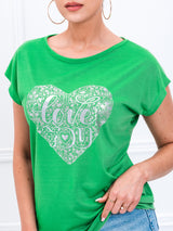 Tricou damă bumbac cu print inimă - Verde