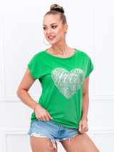 Tricou damă bumbac cu print inimă - Verde